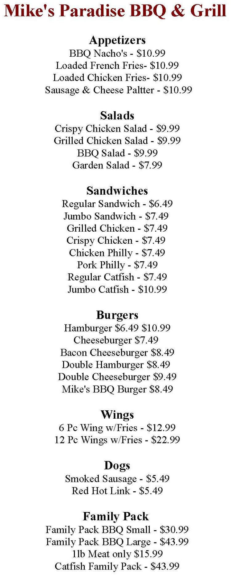 Mike's Paradise BBQ & Grill menu page 1